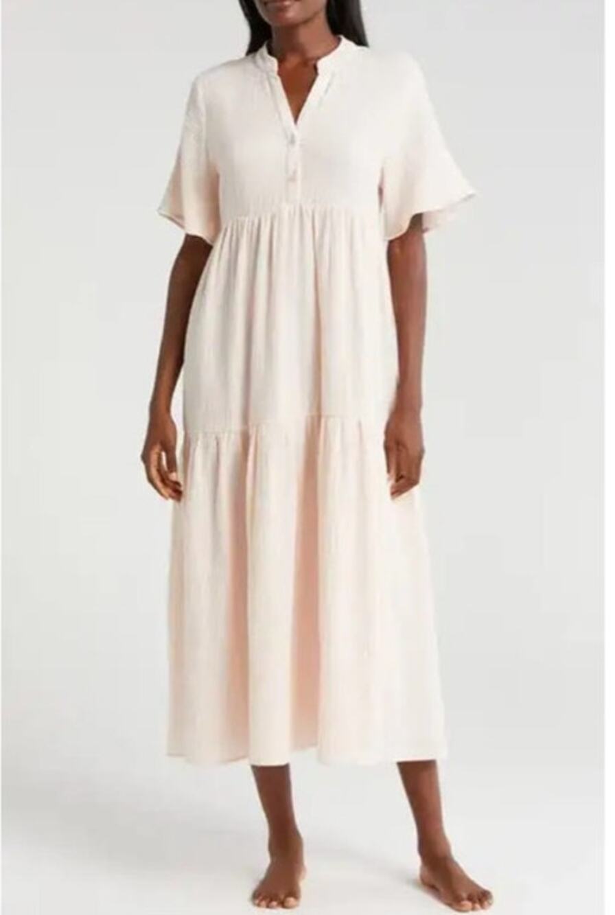 Papinelle Cotton Gauze Maxi Dress Pink Tiered Lounge Dress XS NWT